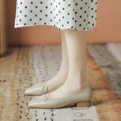 Women's Spring Square Head Thick Heel Leather Shoes 2024 Summer New Fashion Temperament Versatile Comfortable Single Shoes Women