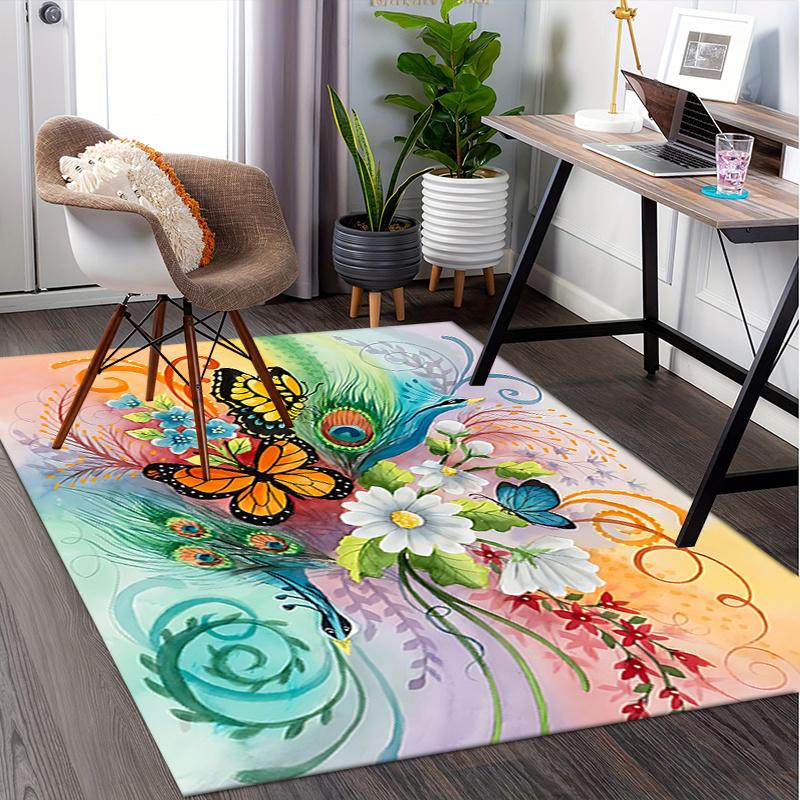 Colorful Butterfly and Flower Chair Mat Office Carpet, Oversized Rug for Home Decor, Suitable for Bedroom, Living Room, Various Rooms