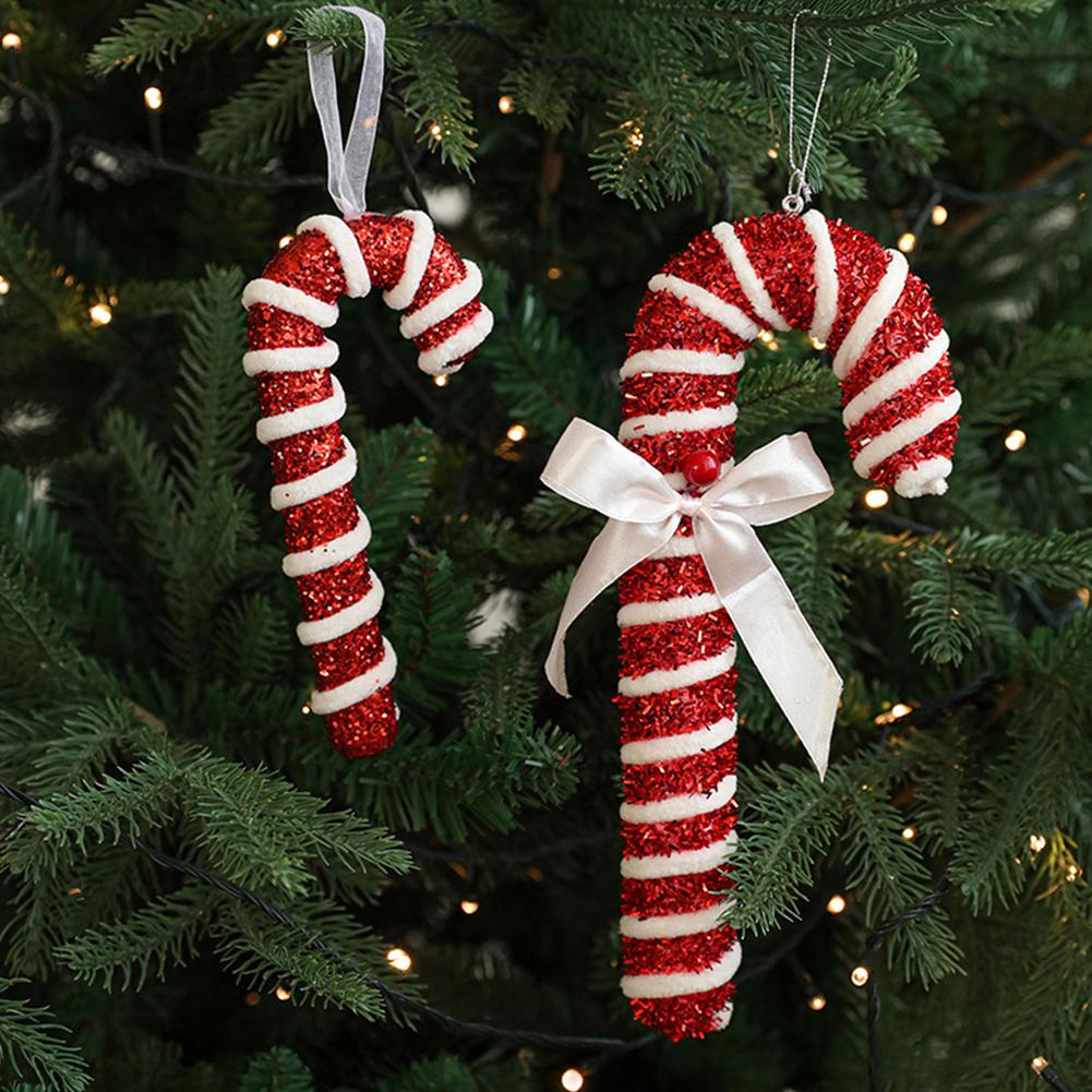 Sweet Christmas Tree Pendant Candy Cane Lollipop Christmas Ornament Red White Sparkling Candy Model for Home Party Deco