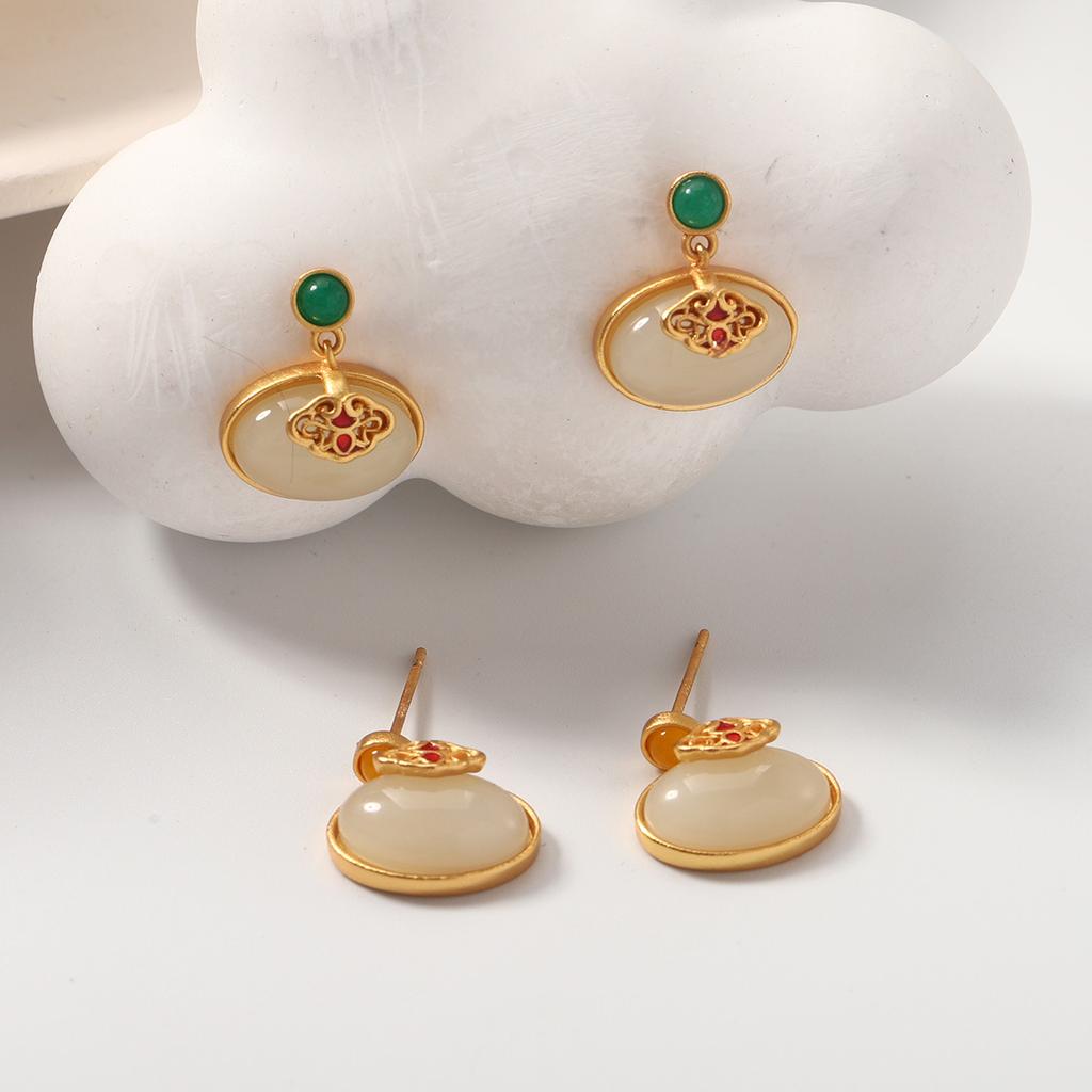 New Chinese imitation Hetian jade enamel color earrings women's senior temperament oval niche stud earrings retro earrings