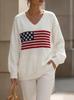 European and American Loose V-neck Knitted Sweater Women's American Flag Large Size Long-sleeved Jumper Solid Color Autumn and Winter New Models