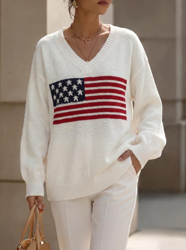 European and American Loose V-neck Knitted Sweater Women's American Flag Large Size Long-sleeved Jumper Solid Color Autumn and Winter New Models