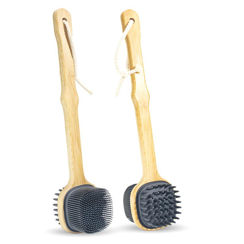 

1 шт. Силиконовая насадка-щетка для спины, скребок для спины, щетка для душа с длинной деревянной ручкой, отшелушивающее средство для сухой кожи, инструмент для массажа тела и очистки чёрный