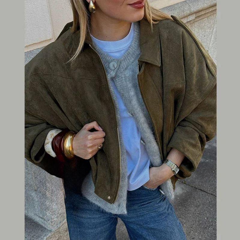 Women's Collared Zipper Button Jacket Outerwear