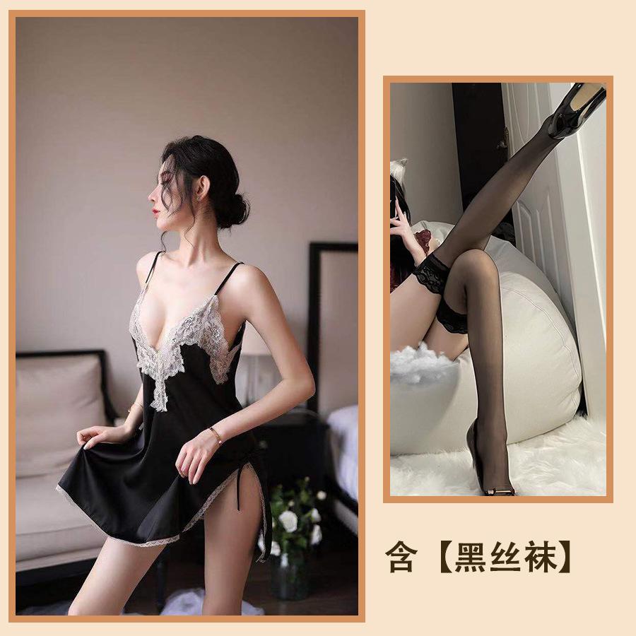 Sexy spodní prádlo Ledové hedvábí Svádění Sexy rozparkové pyžamo Květiny rozpustné ve vodě Duté podvazkové pyžamo Domácí Velká velikost Ženy