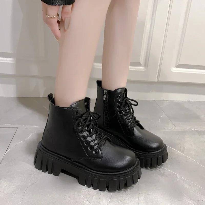 Hvite Nye Dame Ankelstøvletter Høst Vinter Plattform Glidelås Dame Punk Støvletter Tykk Såle Snøring Kampstøvletter Dame Mujer