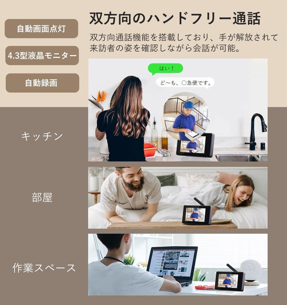 ZAIDER Video Door Phone with No Installation Required Automatic Night Wireless Door Up to 150 Infrared Night LED USB 3 Installation Japanese