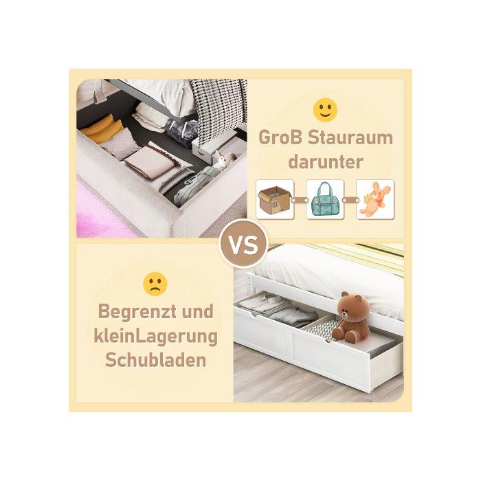 Lit Rembourré - MUVOE - 90x200 Cm - Prise USB - Lin Beige - Stockage Hydraulique Caché