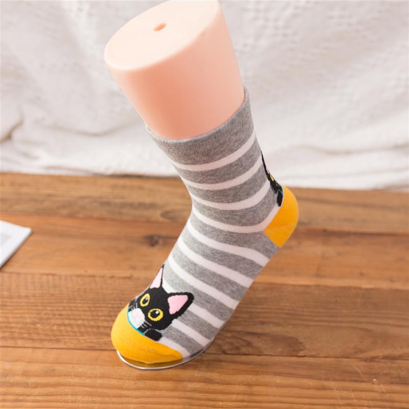 Women's Cute Cat Striped Cartoon Socks - Cotton Mid-Calf