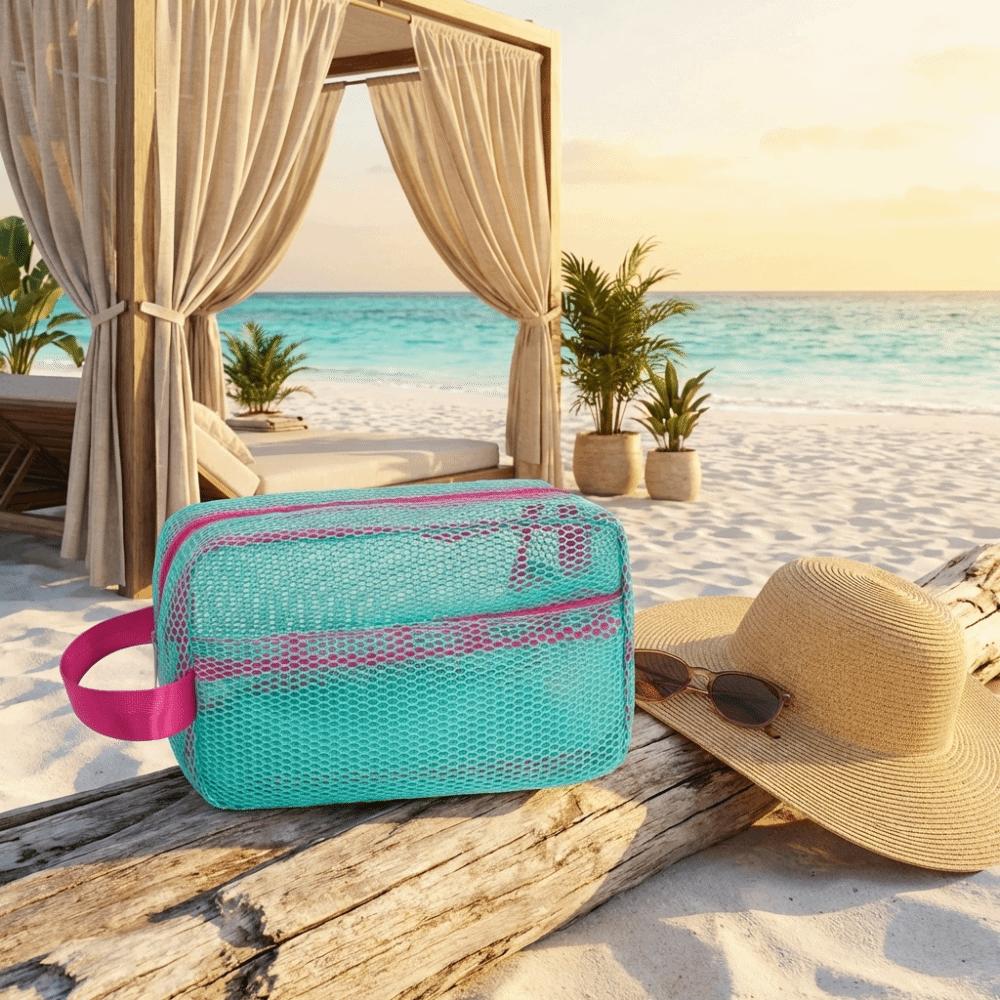 Large Capacity Mesh Cosmetic Bag Zipper Closure Toiletry Bag Dopamine Beach Clutch  Travel