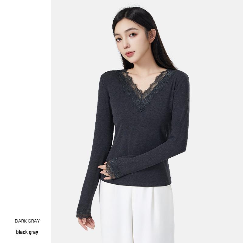 

Женская терморубашка с V-образным вырезом и кружевной отделкой – Облегающий крой, Антибактериальная, Длинный рукав, Подходит для осени и зимы. S (suggested weight 80-100 jin)