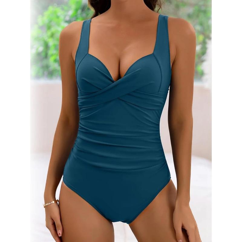 2025 Plain Ruched Swimsuit Women One Piece Solid Swimwear Female Beachwear Bathers Bathing Swimming Swim Bodysuit Summer