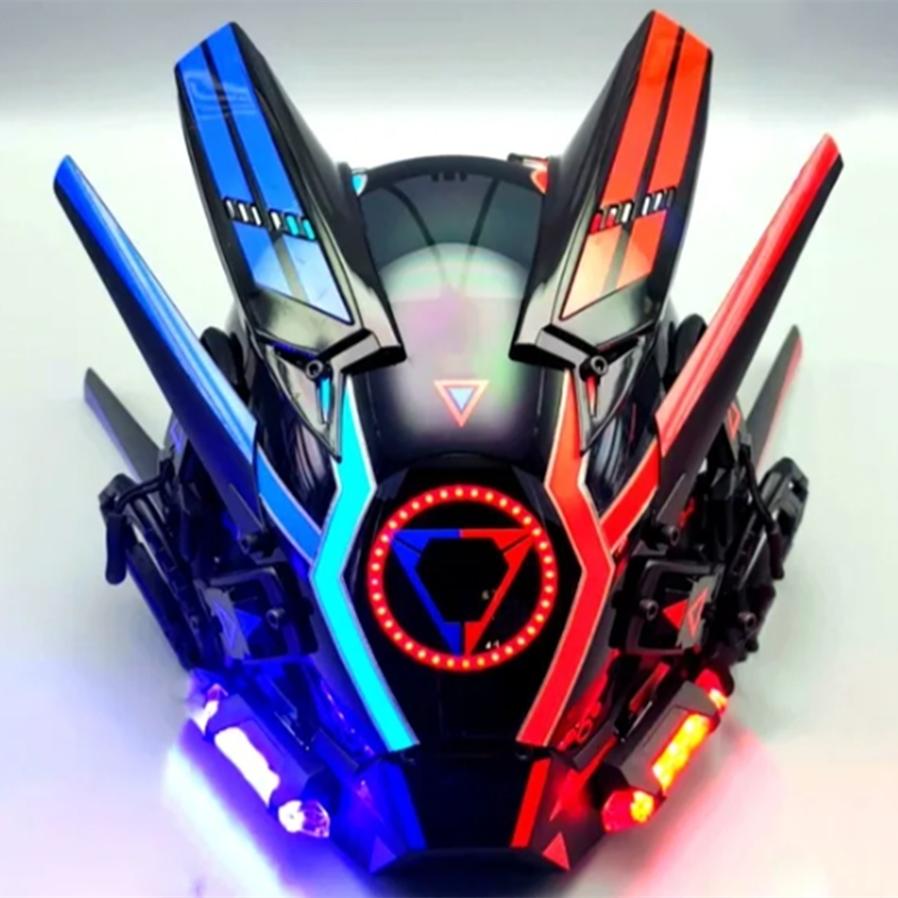 Cyberpunk Led Mask, Halloween Cosplay Costume Black Full Face Mask, Futuristic Techwear Helmet LED Light, Punk Knight
