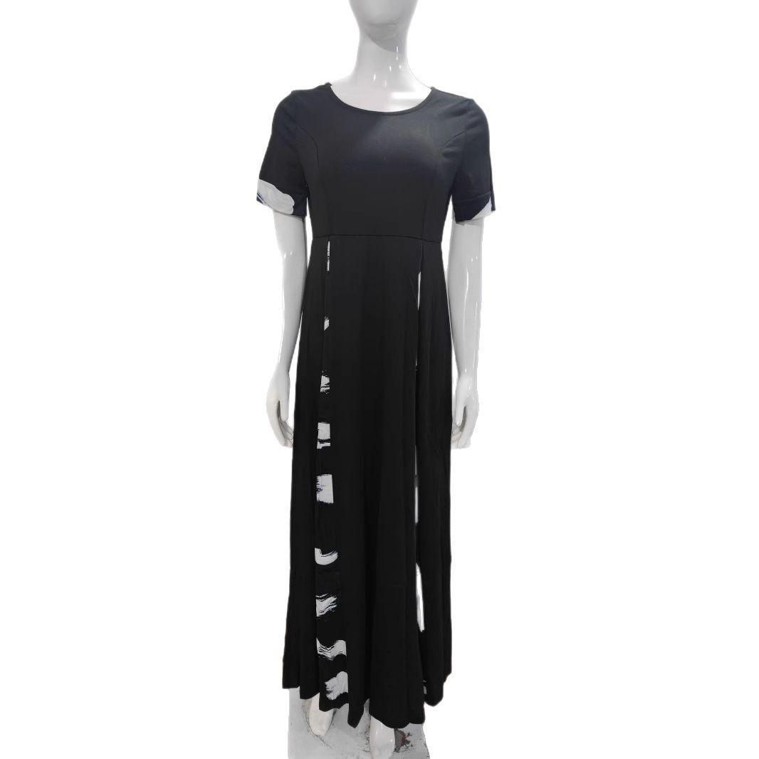 

Women s Print Patchwork Mid-Sleeve Round Neck Maxi Dress Medium чёрный