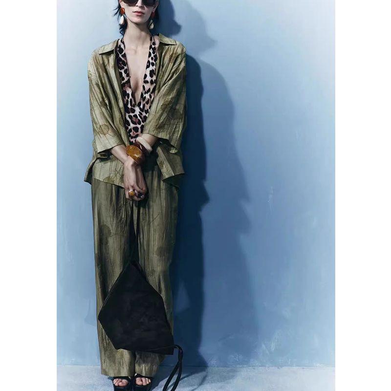 Lapel Short sleeve Jacquard Loose Shirts Top 4786046 High Waist Straight Casual Jacquard Pants 4786060