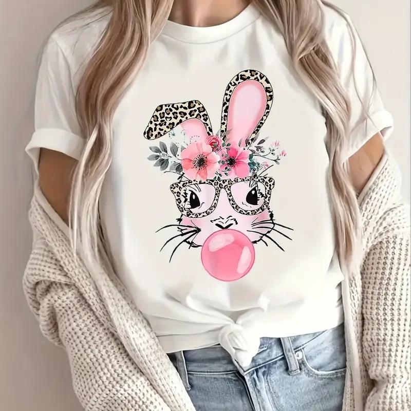 Rabbit Print Crew Neck T-Shirt Casual Short Sleeve Top For Spring Summer Women's Clothing Street Sports O Collar Ladies Shirt