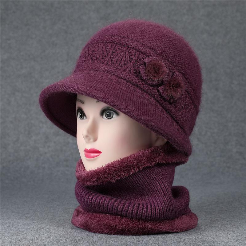 Šál, Súpravy čiapok Zimná čiapka pre ženy stredného veku a staršie Pletená z králičej priadze pre teplo Klobúk typu bucket pre starších ľudí Babička so zamatovými súpravami