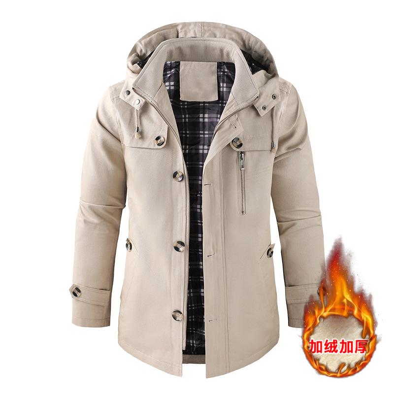 Medium and long men's hooded jacket men's washed autumn and winter jacket men's large size trench coat tooling