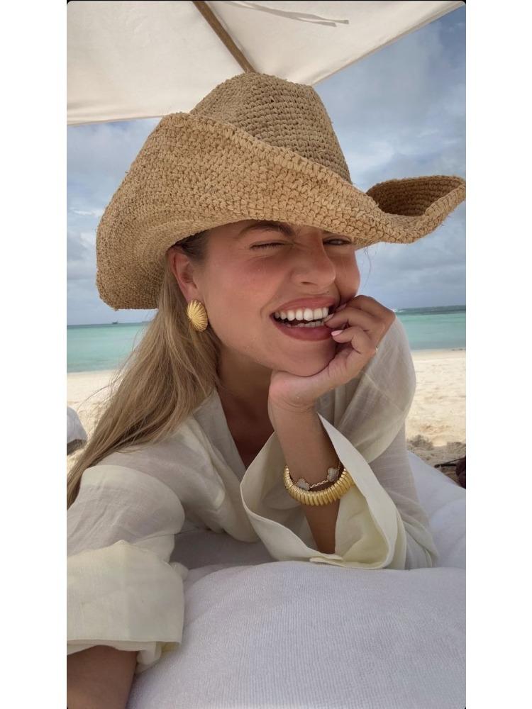 Handgehäkelter Western-Cowboyhut aus natürlichem Raffiastroh für Damen Herren Sommer Breiter Rand Sonnenhut Outdoor Atmungsaktiv Strand Panama