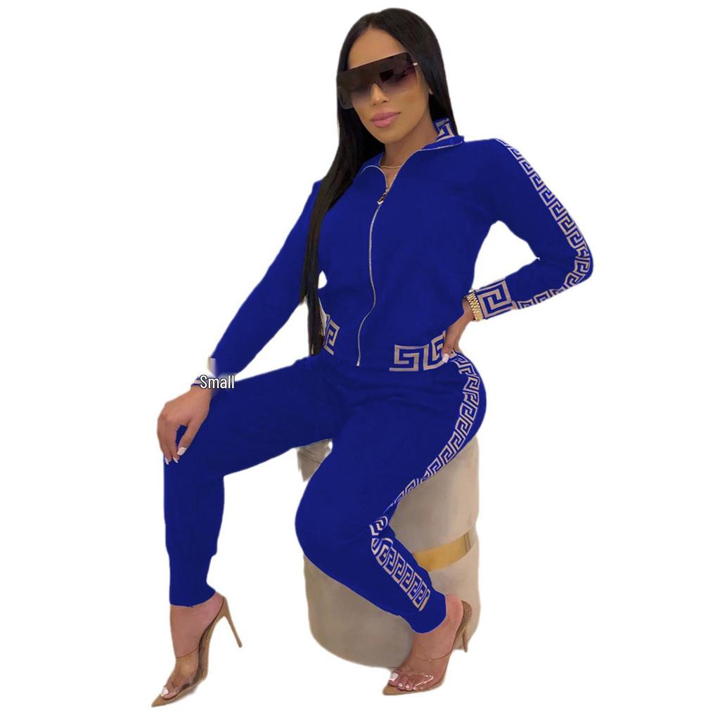European & American Fashion Casual Printed Splicing Two-Piece Suit