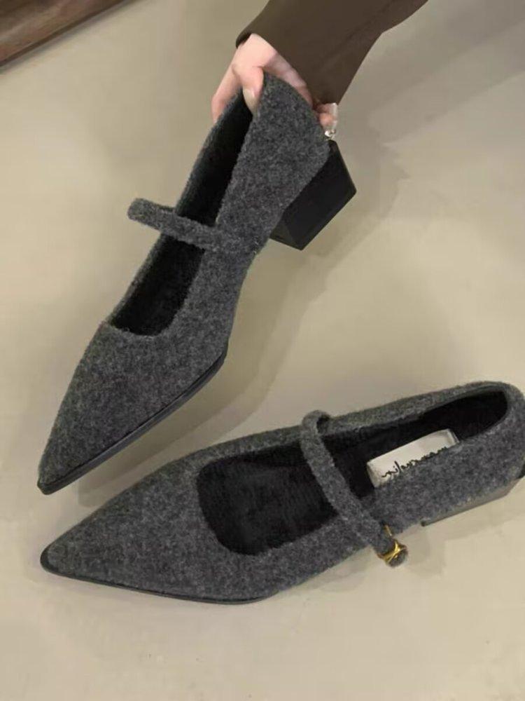 2026 New Winter Cotton Women Mary Jane Shoes Fashion Shallow Pointed Toe Shoes Concise Square Heels Shoes Luxury Low Heel