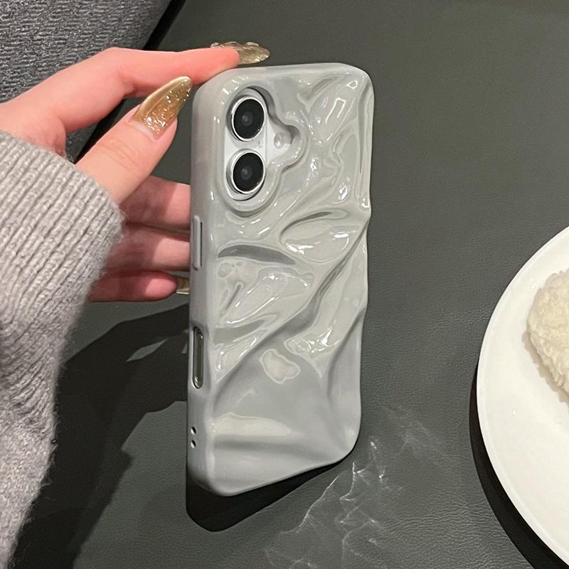Simple Fashion Glossy Grey 3D Folds Texture Case For iPhone 16 Pro Max 15 13 12 11 14 Plus Shockproof TPU Phone Cover