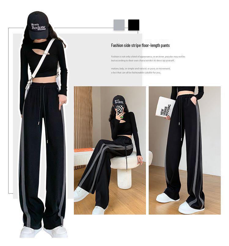New Arrival Women's Black Side Stripe Patchwork Straight Leg Wide Pants – Trendy, Versatile, and Casual for Spring and Summer