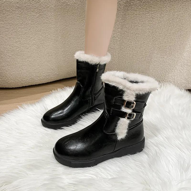 WTEMPO Casual Solid Color Large Size Warm Cold-proof Plush Zipper PU Boots Faux Leather Ankle Boots for Women In Autumn Winter