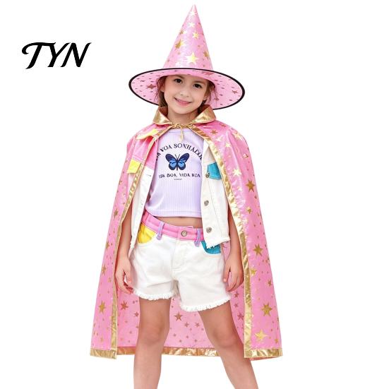 Dreamy Gold Edge Witch Costume Kids Wizard Cloak with Hat for Boys Girls, Halloween Kindergarten Activities Cape Prop Party Cosplay