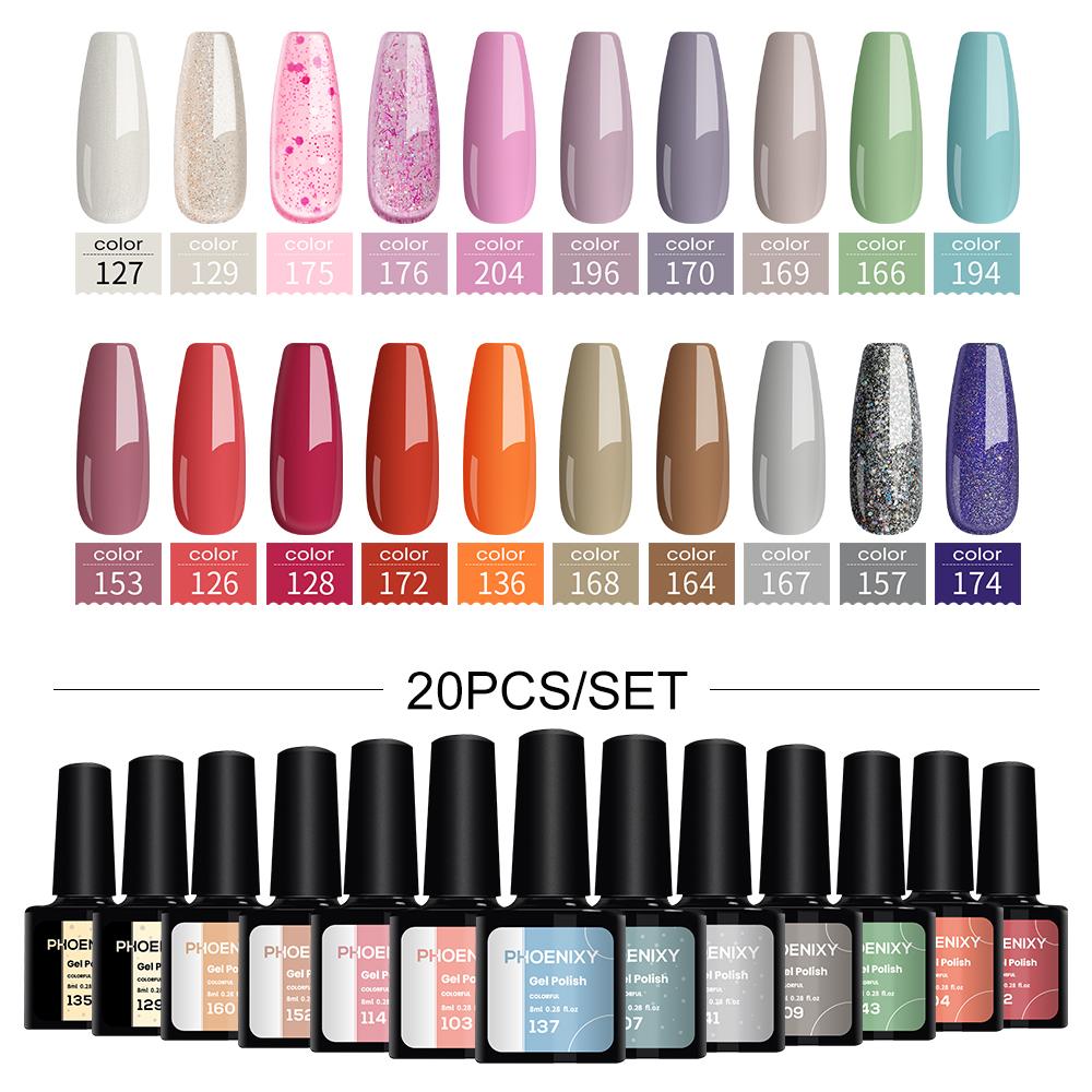 

PHOENIXY 8 мл 10/12/18/20 шт. маникюрный перманентный блестящий гель-лак для ногтей долговечный верхний базовый гель Soak Off гель УФ-светодиодный лак модный блестящий дизайн ногтей 20pcs