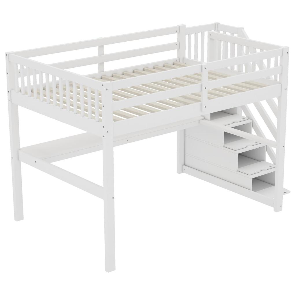 Children's Bed 140x200 Loft Bed Desk Storage Ladder Slatted Frame Pine Wood Youth Bed Children/Adults White