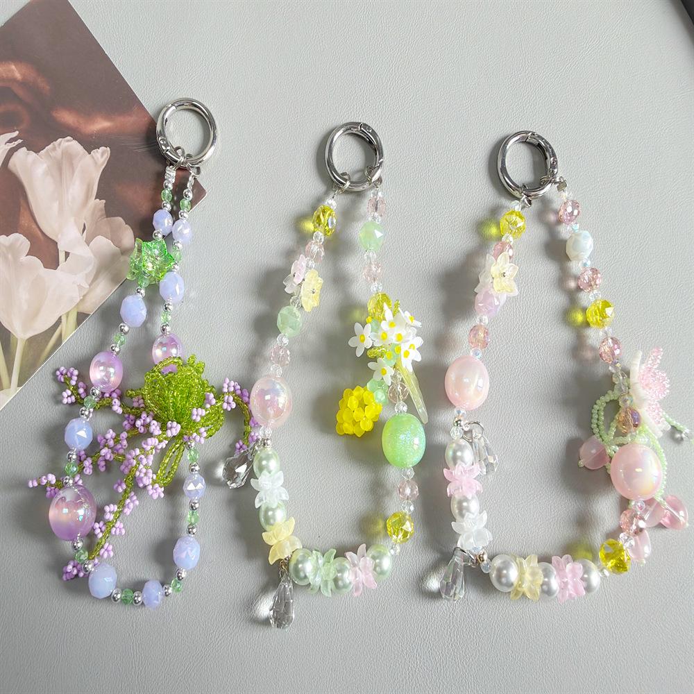 Handmade Fresh Flower Crystal Beaded Phone Wrist Lanyard & Keychain