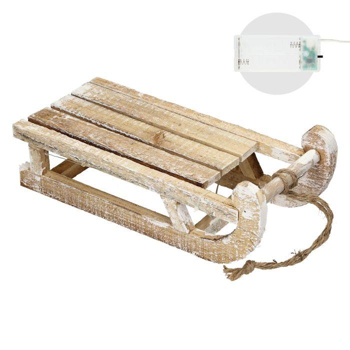 ECD Germany Dekorativ kjelke i tre med 25 LED-lys, Varmhvit, 31,5x14,5x10,5 cm, Brun-Natur