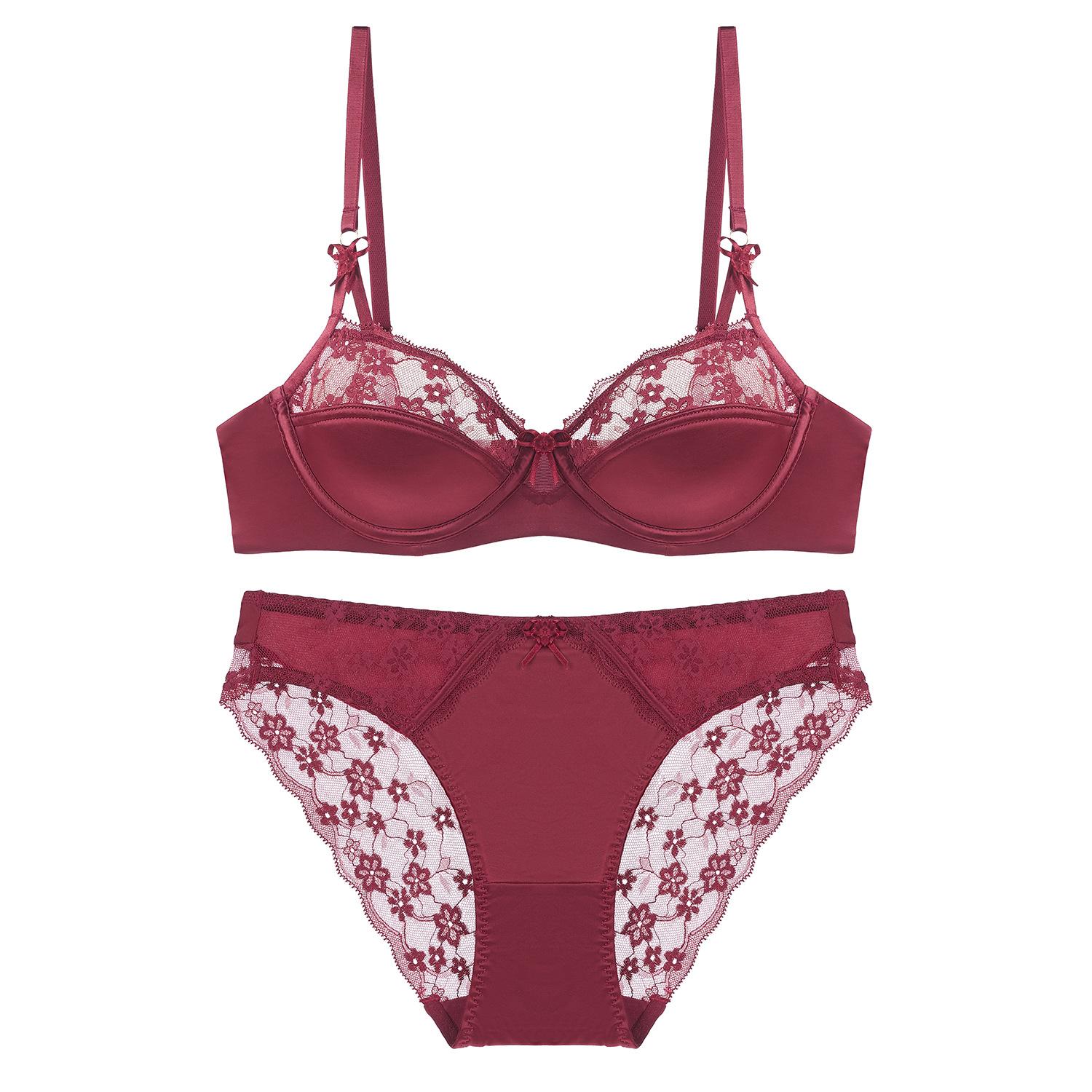 

Летний женский сексуальный кружевной комплект нижнего белья с вышивкой цветами, французский бюстгальтер пуш-ап с 1/2 тонкой чашкой, удобное дышащее интимное белье 80C бордовый