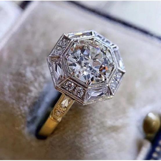 Copper Inlaid Zircon Octagonal Personalized Fashion Design Ring for Women