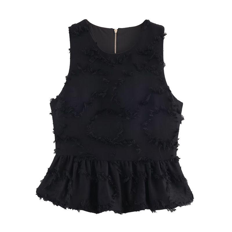 

Za Autumn New Women clothes 2025 Western Style Sleeveless Fringe Short Skirt Hem round Neck Top 4387802 Black L
