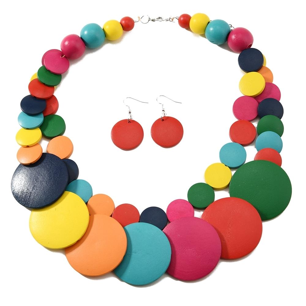 Gioielli Africani Bohemien Colorati Geometrici Rotondi Perline di Legno Collana di Perline Fatta a Mano E Orecchini Accessori da Festa da Donna