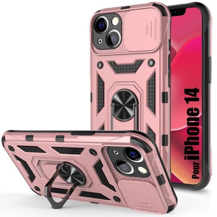 Coque pour iPhone 14 - Antichoc - Rose - Support intégré - Style Armée - Couvercle coulissant