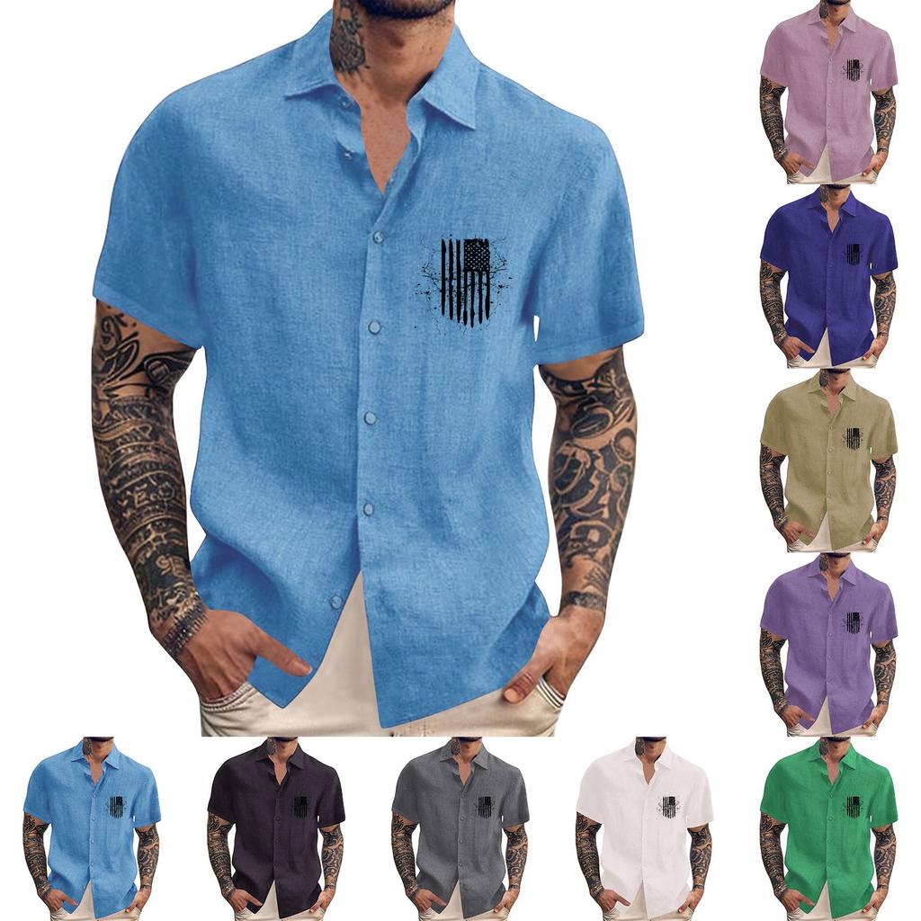 Pánské ležérní volné tričko s krátkým rukávem a potiskem a módním klopovým topem