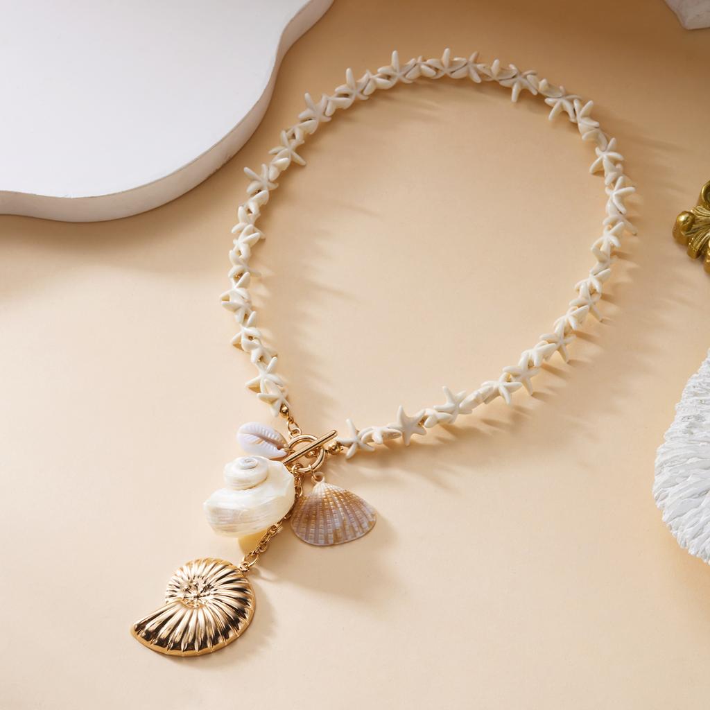 Exaggerated Imitation Pearl Conch Pendant Necklace for Women Boho Shell Starfish OT Toggle Clasp Choker Chain Party Jewelry Gift