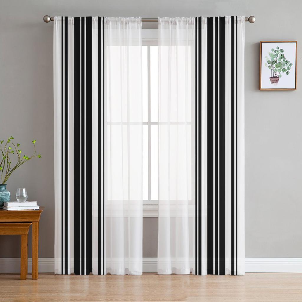 Weiß Blaue Streifen Geometrisch Transparente Vorhänge Fensterdekoration für Küche Wohnzimmer Schlafzimmer Dekoration Moderne Tüllvorhänge