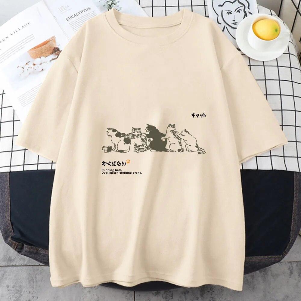 Japanese Kanji Cat Cute/kawaii Graphic T Shirt Women's Summer Fashion Tees Harajuku Aesthetic Short Sleeve Cartoon Y2k Clothes Unisex T-shirt