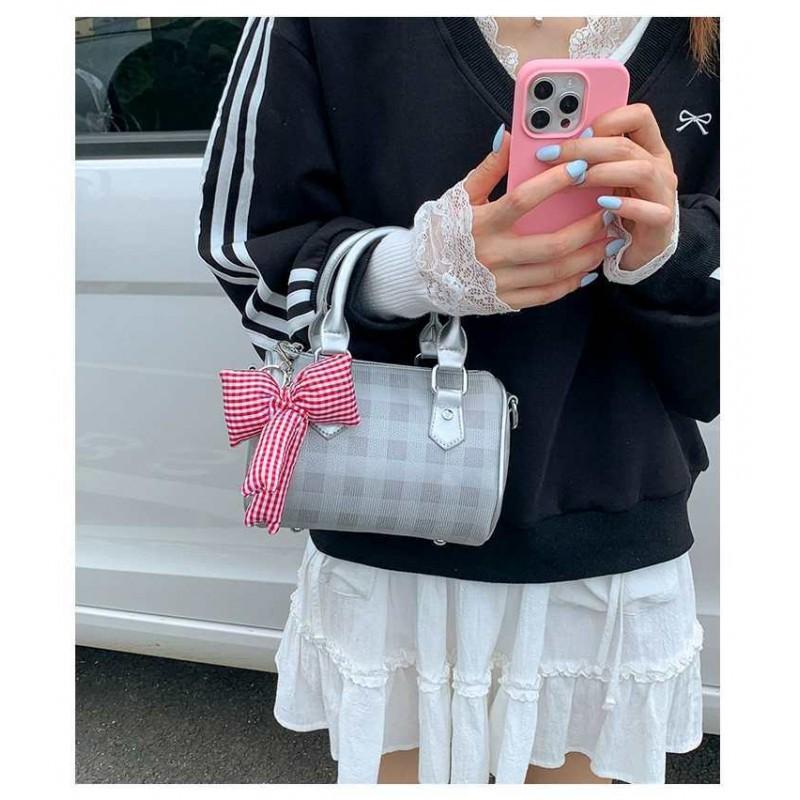 

Western-style Sweet Plaid Bow Boston Bag Hand-carried Cross-body Women s Fashionable All-matching Small 18x11x13 single package срібний