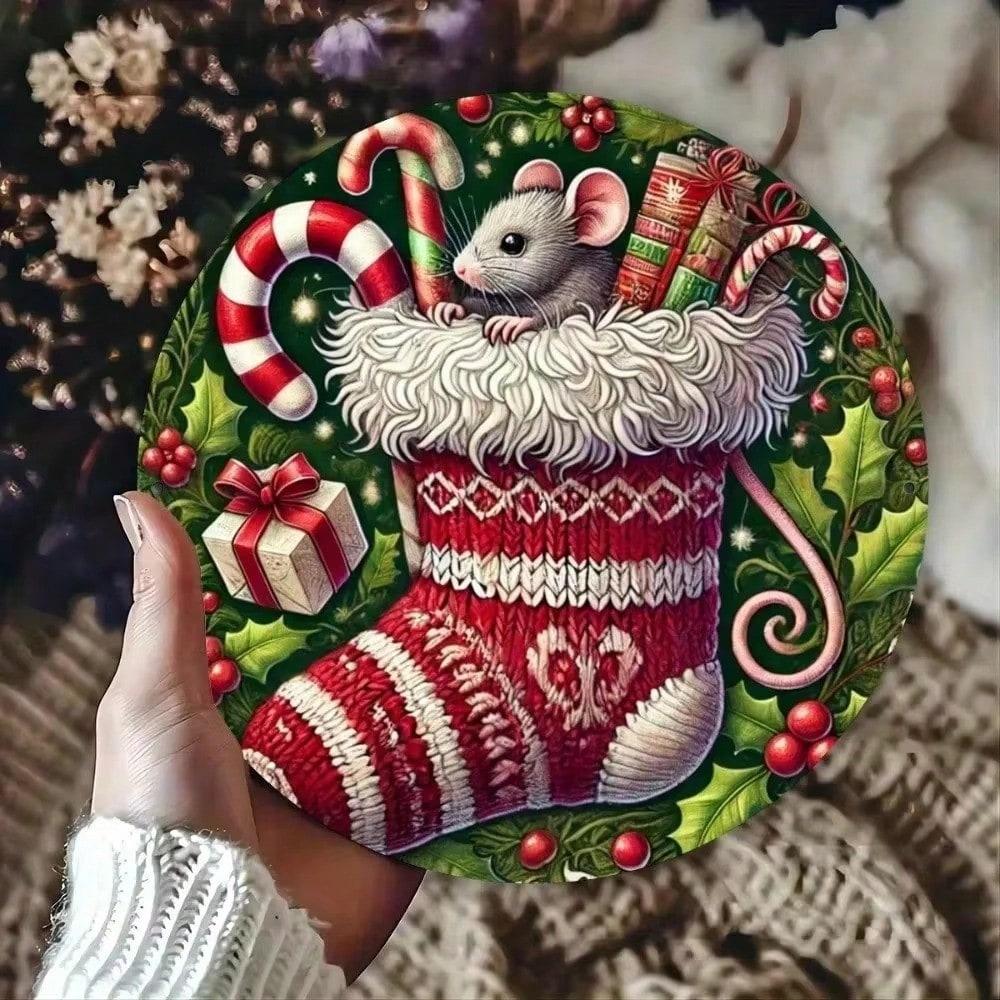 

Metal Christmas Socks Round 8 Inch Iron Wall Sign Home Bar Cafe Holiday Decor 20x20 різнокольоровий