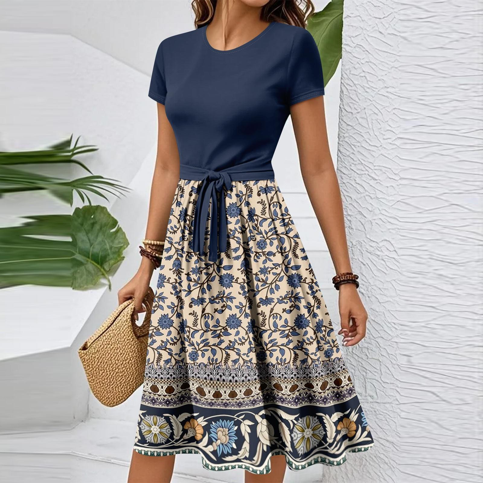 

Women s Casual Fashion Belted Vintage Printed Short Sleeve Round Neck Elegant Dress XXL светло-синий