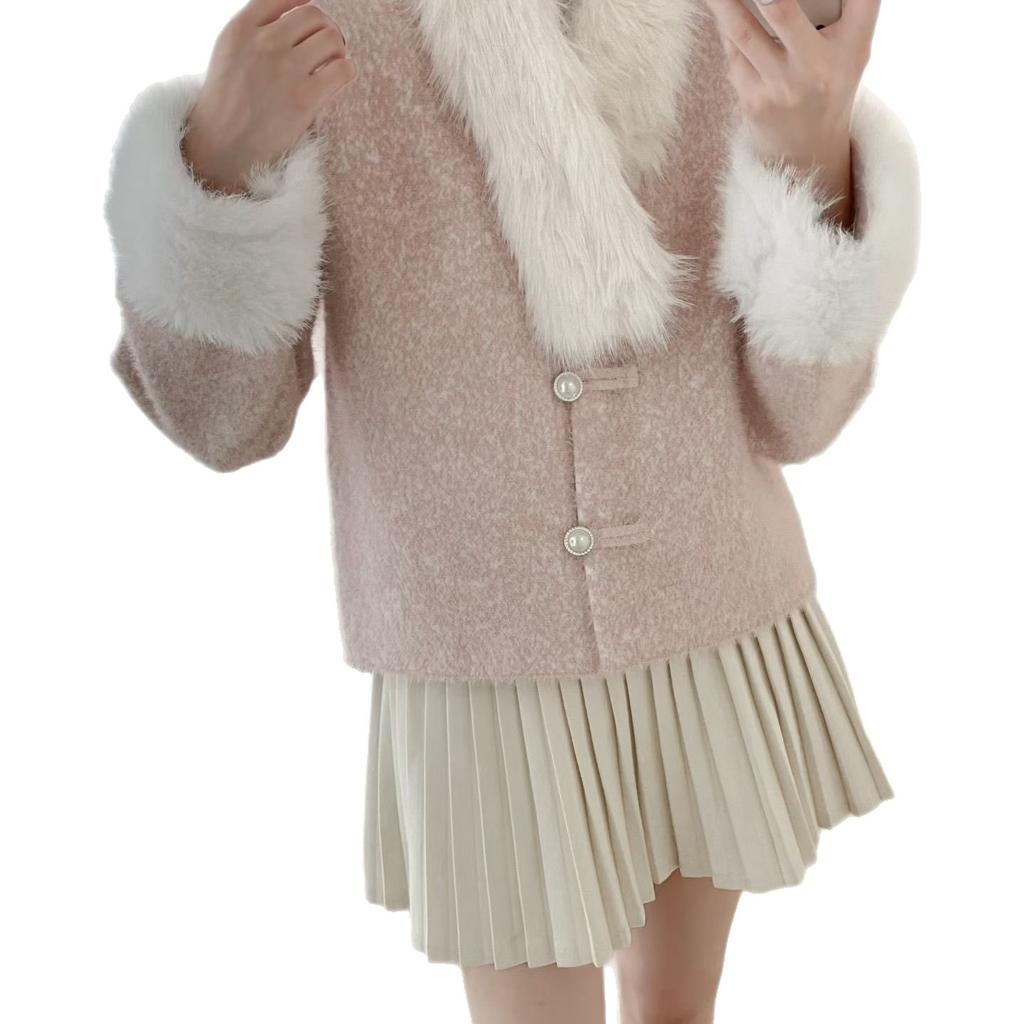 With Fur Collar Small Fragrant Style Imitation Mink Velvet Jacket Women's Autumn and Winter New Loose and Thin Gray Cardigan Top