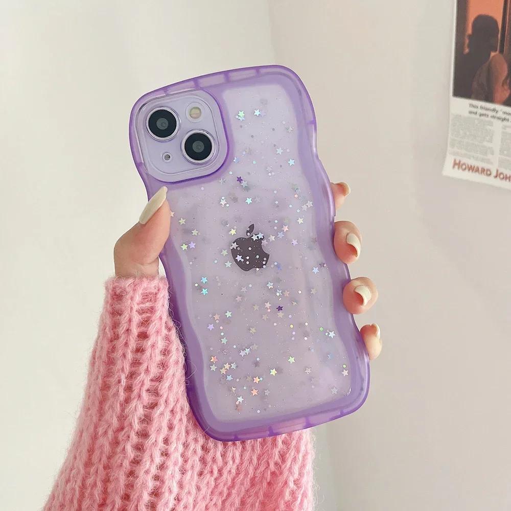 for iPhone 16 15 14 13 12 11 Pro Max Mini XR SE 7 8 Plus Case Cute Clear Drip Glue Star Curly Wave Hybrid Shockproof Soft Cover