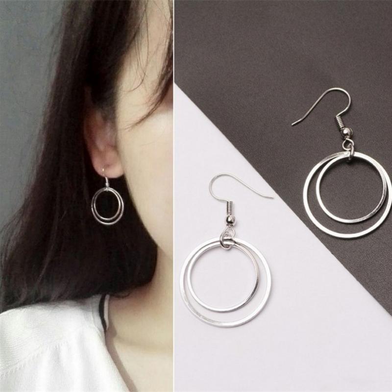 Silver Double Circle Hook Earrings Bohemian Women's Dangle Earrings Small Round Hanging Earrings Boucle D’oreille Femme