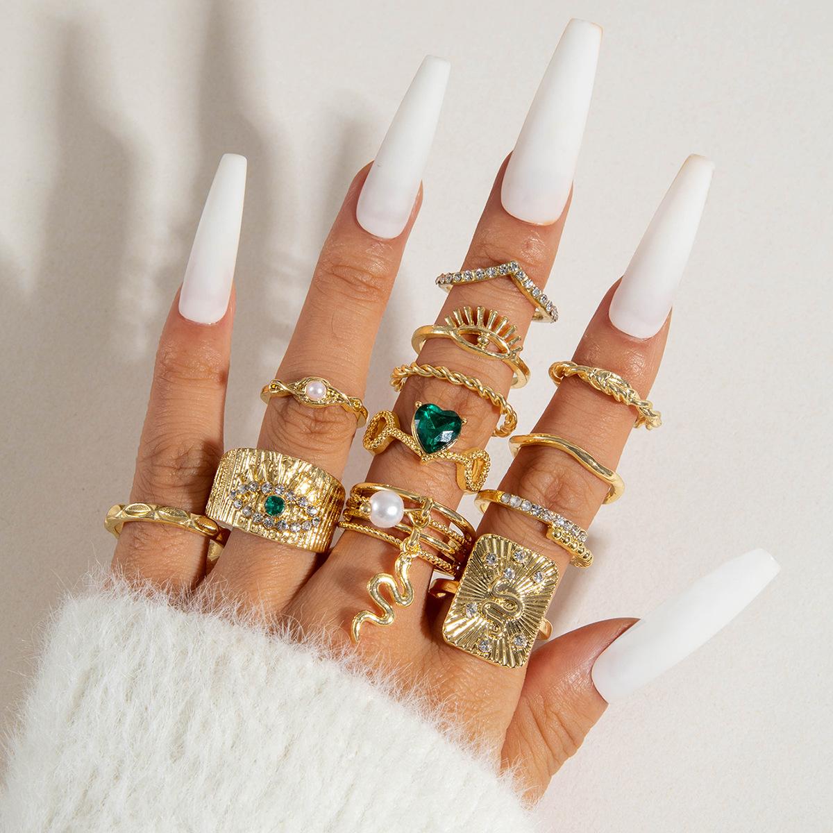 

Европейский и американский винтажный набор колец из сплава с эмалью в виде капель масла и любви, геометрическое полое кольцо в виде змеи с искусственным жемчугом