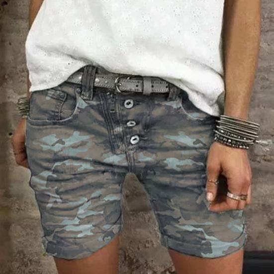High Waist Camouflage Print Women Shorts All-matched Stretchy Buttons Denim Shorts Streetwear